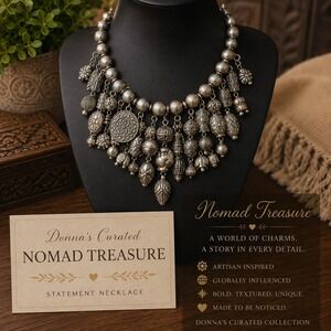 Donna's Curated Nomad Treasure Silver Tone Charm Statement Necklace Boho Chic